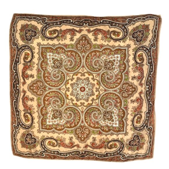 Paisley Orange Brown Acetate Scarf Made Japan Retro Floral Vintage 1970s - Picture 3 of 3